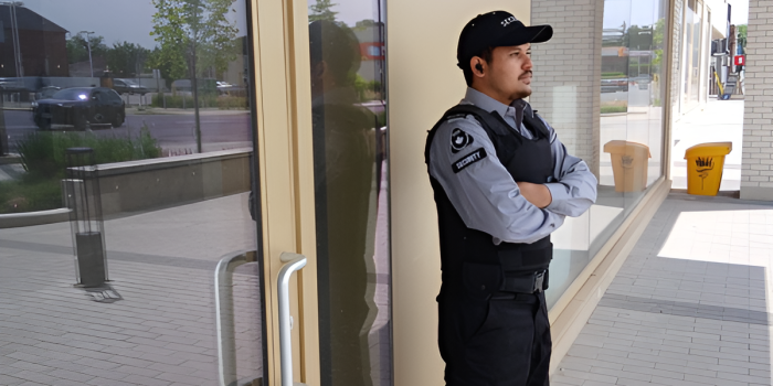 Uniformed Nicagon guard on access-control duty at a commercial building's glass entrance